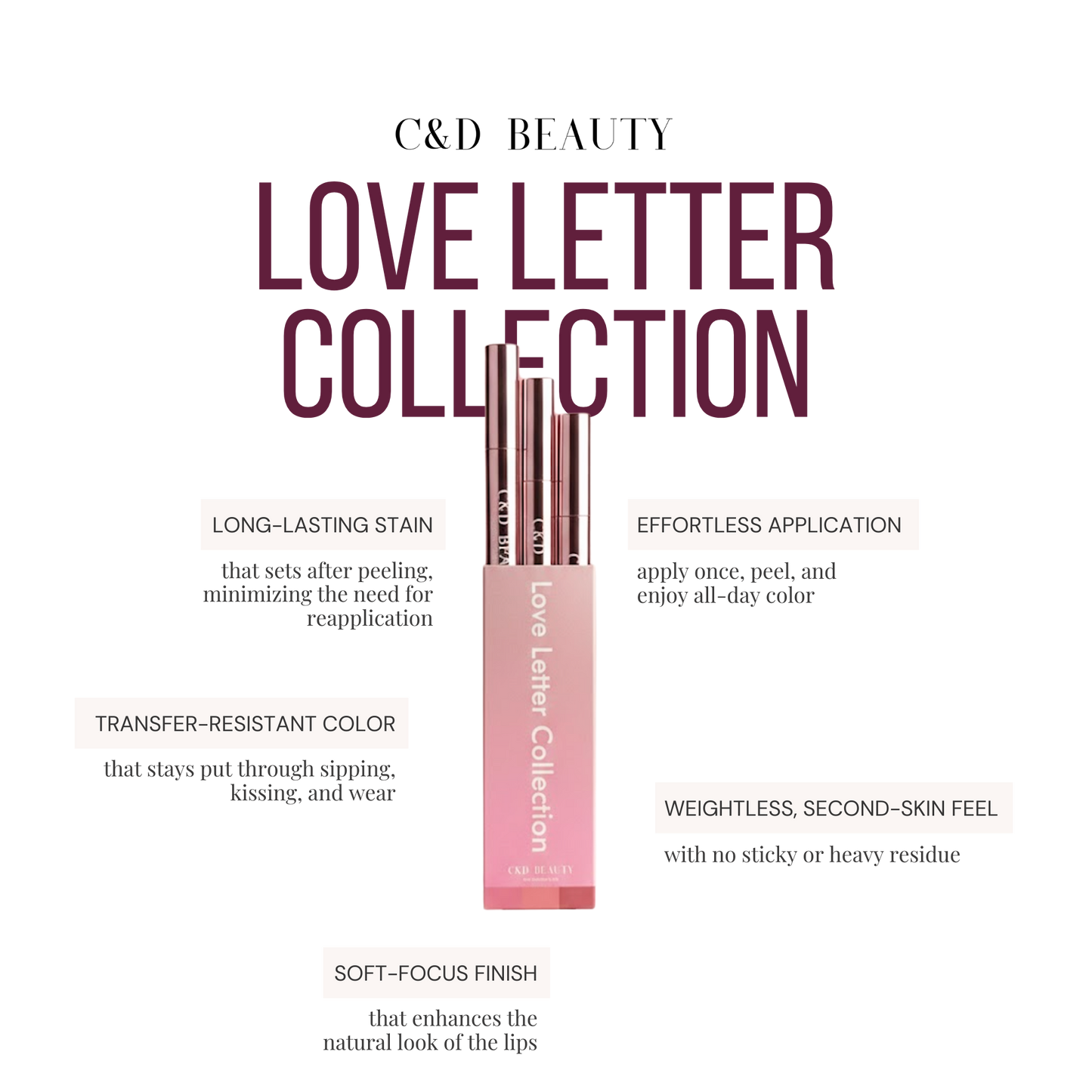 C&D Beauty - The Love Letter Collection - Peel-Off Lip Stain Trio